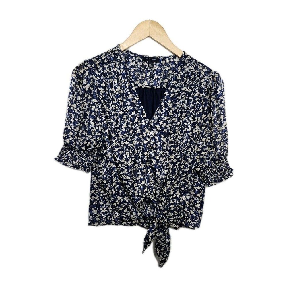 Tamara H blouse Womens Large Navy Blue Floral Tie Button Down Blouse Cottagecore